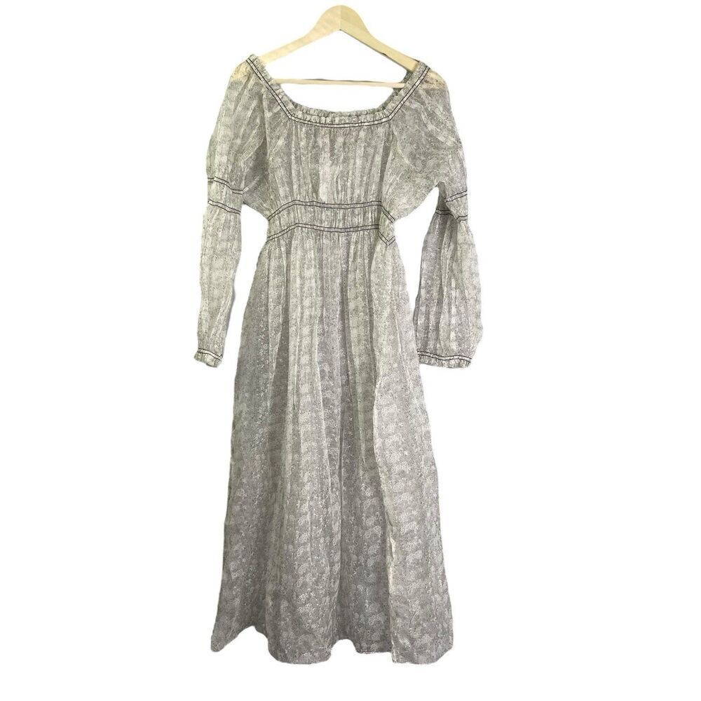 BUNA 100% Linen Sheer Peasant Dress XXL Floral Cottagecore